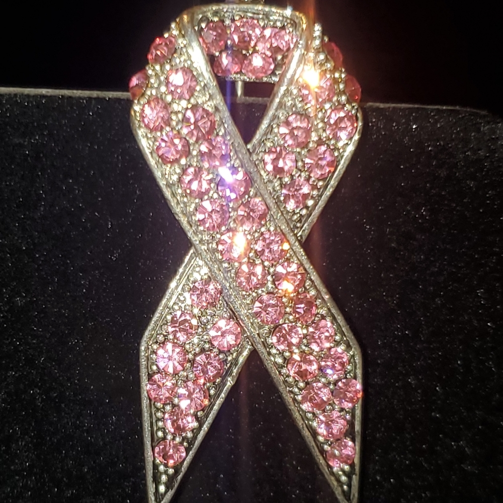 Silvertone & Pink Crystal BC Awareness Brooch